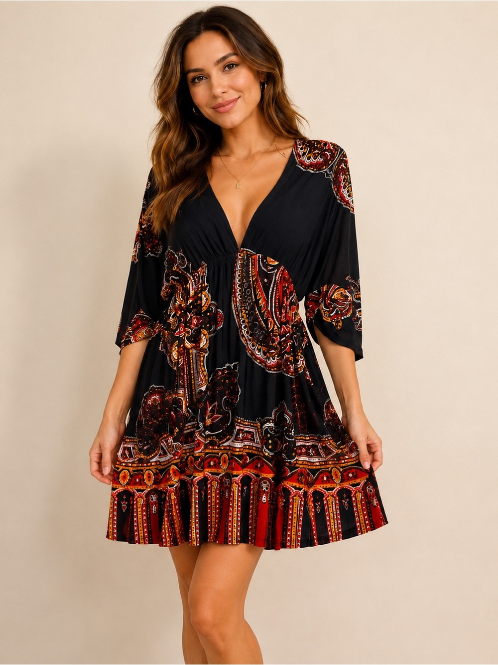 Cristinalove Black Mini Dress with Red and Gold Paisley Print